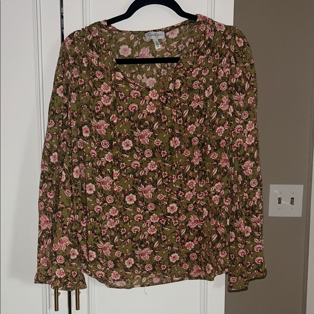 Jessica Simpson Olive and Pink Floral Blouse